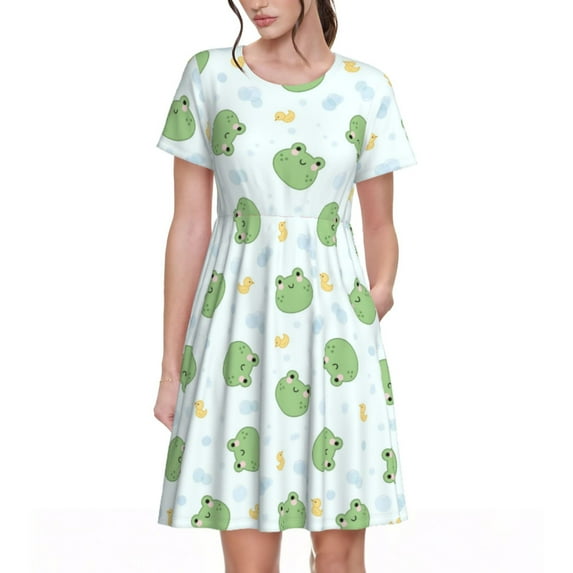 Lsque Kawaii Frogs Print Women's Casual Dress T-Shirt Summer Short Sleeve Scoop Neck Swing Dresses