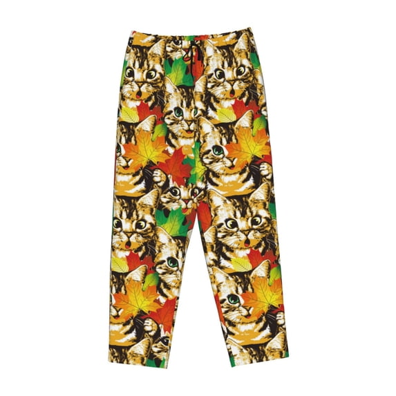 Lsque Kittens With Maple Leaves Print Women's Pajama Pants, Lounge Pant - Comfortable Home Wear,Elastic Waistband, Stylish Design-X-Large