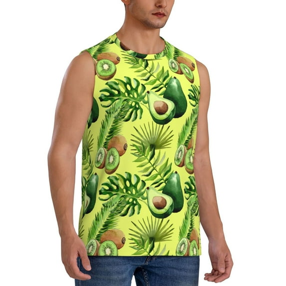 Lsque Kiwi and Avocado Print Men's Cotton Blend Sleeveless Muscle Shirts (S-3XL)- Moisture Wicking, Odor Protection, UPF 30+,Small