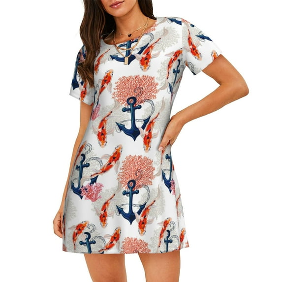 Lsque Koi Fish And Corals Pattern Nightgowns for Women Sleep Shirts Short Sleeve Nightshirt Pullover Nightdress Soft Sleepwear Relaxed Fit Nightdress