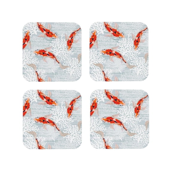 Lsque Koi Fish Corals,Spring Summer Pattern 4" Drink Coasters Set of 4, PVC Leather Absorbent Coasters, Table Coaster Set Decorative Coffee Cup Coasters Housewarming Gift -Square