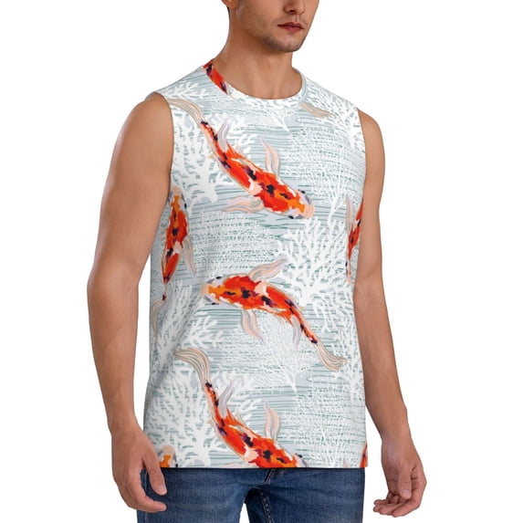 Lsque Koi Fish Corals,Spring Summer Print Men's Cotton Blend Sleeveless Muscle Shirts (S-3XL)- Moisture Wicking, Odor Protection, UPF 30+,Medium