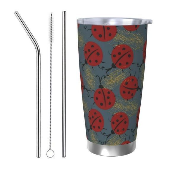 Lsque Ladybug Pattern 20oz Car Cup with Lid and Straw, Insulated Coffee Cup with Straw Topper, Spill Proof Travel Coffee Mug, Stainless Steel Tumble-Straw Three-piece Set