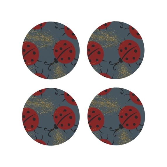 Lsque Ladybug Pattern 4" Drink Coasters Set of 4, PVC Leather Absorbent Coasters, Table Coaster Set Decorative Coffee Cup Coasters Housewarming Gift -Round Shape