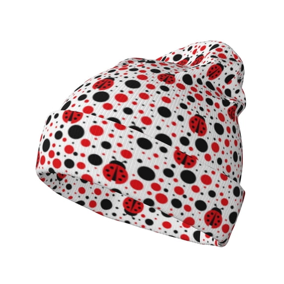 Lsque Ladybugs 2 Pattern Knitted Beanie, Unisex Winter Hat, Knit Hat Winter Beanies Thick Fisherman Beanies Cuffed Plain Skull Caps