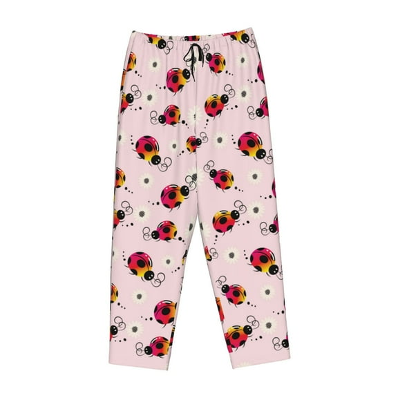 Lsque Ladybugs And Flower Print Women's Pajama Pants, Lounge Pant - Comfortable Home Wear,Elastic Waistband, Stylish Design-Medium