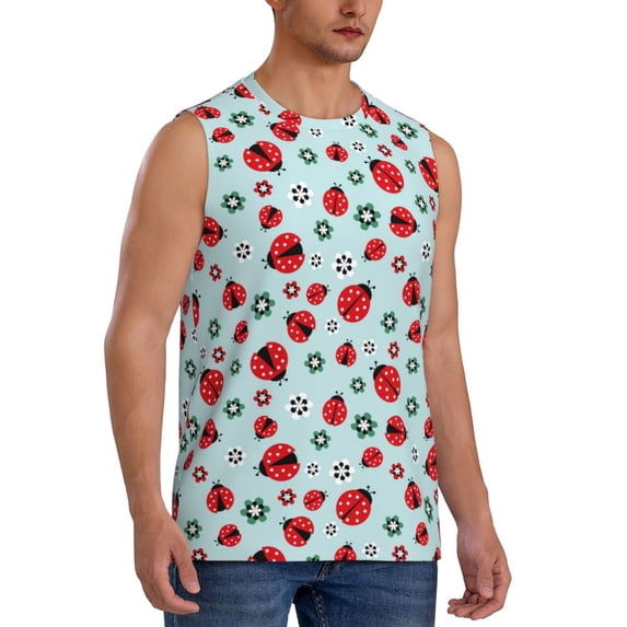 Lsque Ladybugs And Flowers 1 Print Men's Cotton Blend Sleeveless Muscle Shirts (S-3XL)- Moisture Wicking, Odor Protection, UPF 30+,XX-Large