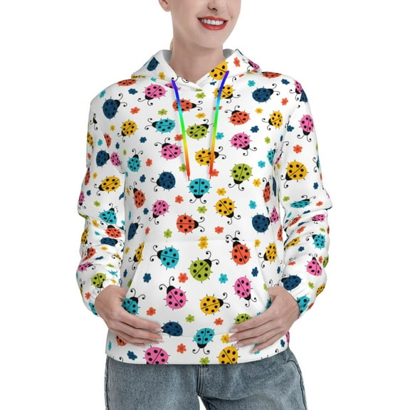 Lsque Ladybugs And Flowers Pattern Casual Women's Hoodie,Hooded Sweatshirt with Kangaroo Pocket,Pullover Hoodie with Eye-catching Drawstrings-XX-Large