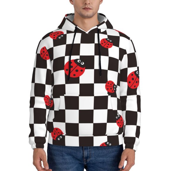 Lsque Ladybugs Of Black And White Checkers Pattern Casual Men's Hoodie,Hooded Sweatshirt with Kangaroo Pocket,Pullover Hoodie-4X-Large