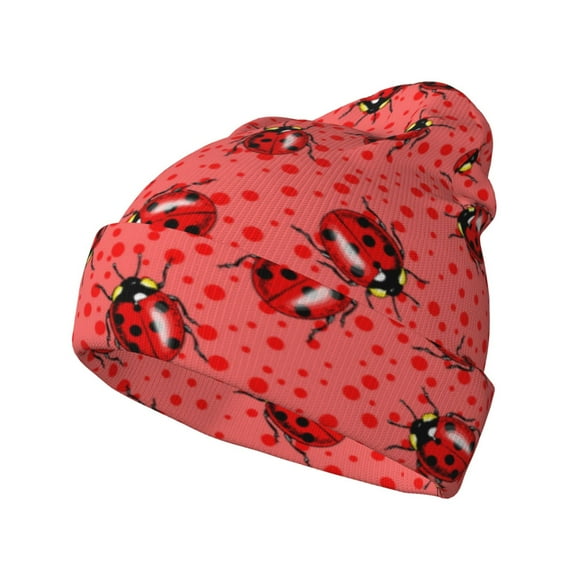 Lsque Ladybugs On Red Polka Dot Pattern Knitted Beanie, Unisex Winter Hat, Knit Hat Winter Beanies Thick Fisherman Beanies Cuffed Plain Skull Caps