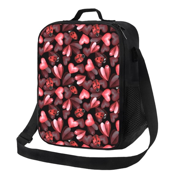 Lsque Ladybugs and Red Hearts Lunch Bag Lunch Box for Women Men Reusable Insulated Lunch Tote Bag,Leakproof Thermal Cooler Sack Food Handbags Case High Capacity