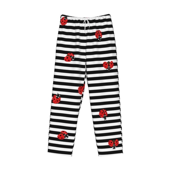 Lsque Ladybugs on Black and White Striped Print Men's Pajama Pants, Lounge Pant - Comfortable Home Wear,Elastic Waistband, Stylish Design-XX-Large