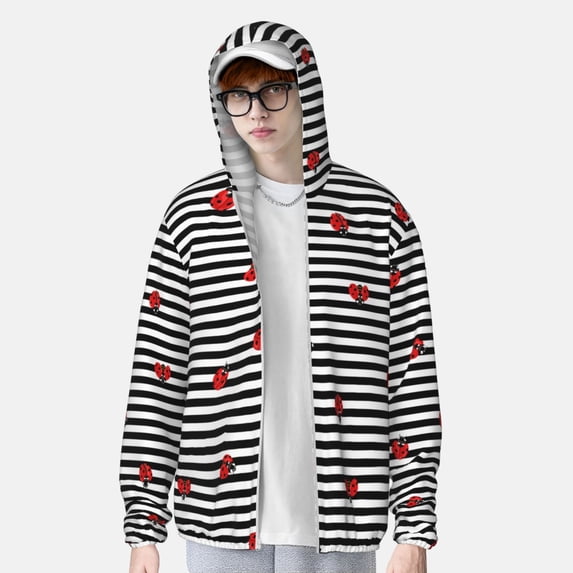 Lsque Ladybugs on Black and White Striped UPF 50+ Lightweight Sun Protection Men's Women's Long Sleeve Shirt, Hoodie Performance -Medium