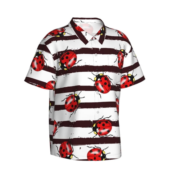 Lsque Ladybugs on Black and White Striped1 pattern Hawaiian Shirt for Men, Unisex Summer Beach Casual Short Sleeve Button Down Shirts-XX-Large