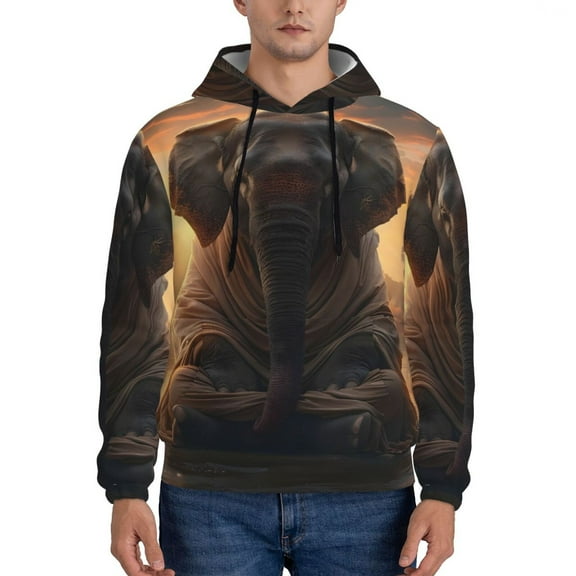 Lsque Lake Meditating Elephant Pattern Casual Men's Hoodie,Hooded Sweatshirt with Kangaroo Pocket,Pullover Hoodie-Small