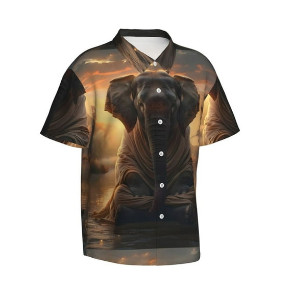 Lsque Lake Meditating Elephant pattern Hawaiian Shirt for Men, Unisex Summer Beach Casual Short Sleeve Button Down Shirts-Small