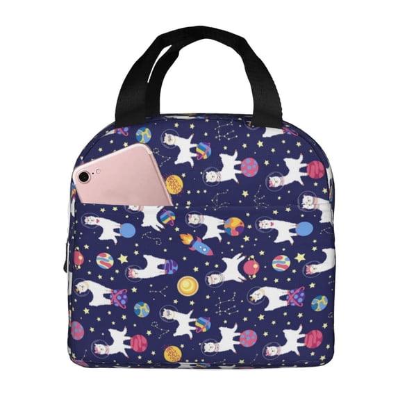 Lsque Lama in Space Pattern Lunch Bag Women/Men Insulated Lunch Box,Small Leakproof Cooler Food Lunch Containers Reusable High Capacity Lunch Tote Bags