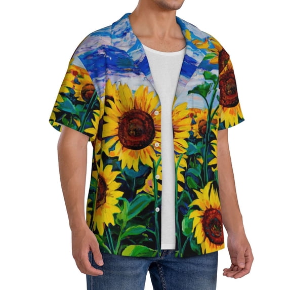 Lsque Landscape With Sunflowers print Men's Cuban Collar Short Sleeve Shirt Summer Beachwear Casual Button Down Fashionable Vacation Leisure Shirt-X-Large