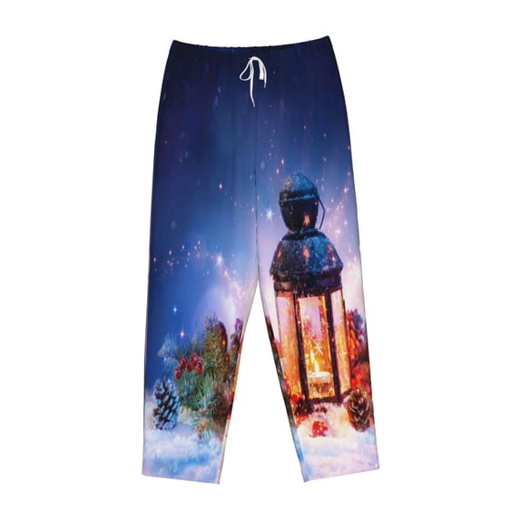 Lsque Lantern On Snow With Christmas Print Women's Pajama Pants, Lounge Pant - Comfortable Home Wear,Elastic Waistband, Stylish Design-Large