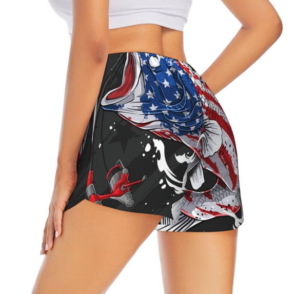 Lsque Largemouth Bass Fish in USA Printed Women's Running Shorts with Liner Pockets,Elastic Quick Dry Workout Athletic Gym Yoga Shorts,Womens High Waist Shorts-X-Large