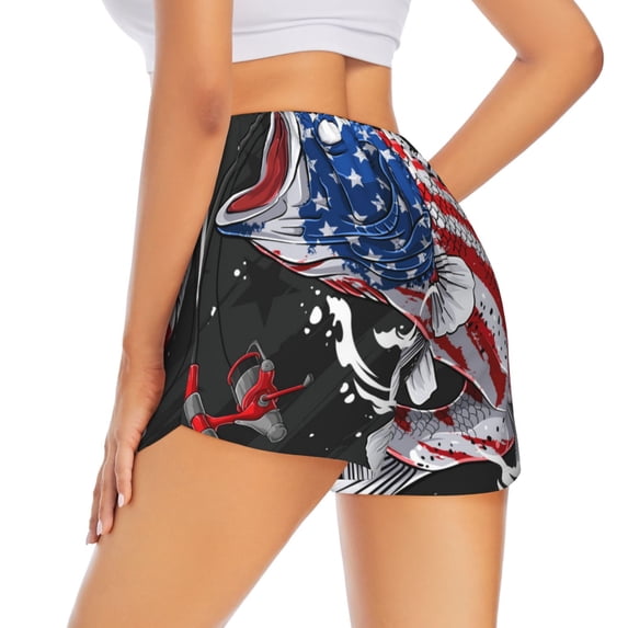 Lsque Largemouth Bass Fish in USA Printed Women's Running Shorts with Liner Pockets,Elastic Quick Dry Workout Athletic Gym Yoga Shorts,Womens High Waist Shorts-Large