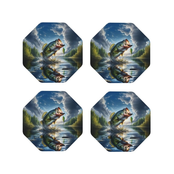 Lsque Largemouth Bass Jumping Out of The Water Pattern 4" Drink Coasters Set of 4, PVC Leather Absorbent Coasters, Table Coaster Set Decorative Coffee Cup Coasters Housewarming Gift-Octagon