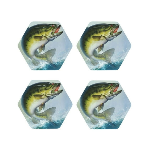 Lsque Largemouth Bass jumps out of water Pattern 4" Drink Coasters Set of 4, PVC Leather Absorbent Coasters, Table Coaster Set Decorative Coffee Cup Coasters Housewarming Gift-Hexagon