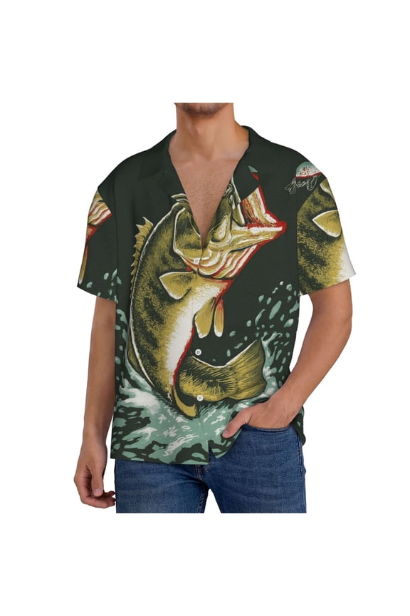 Largemouth Bass jumps out of water Print Men's Cuban Collar Short Sleeve Shirt Summer Beachwear Casual Button Down Fashionable Vacation Leisure Shirt-Medium