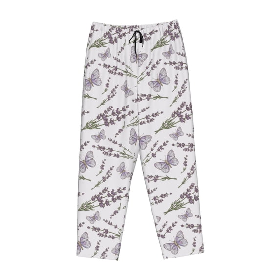 Lsque Lavender And Butterfly Print Women's Pajama Pants, Lounge Pant - Comfortable Home Wear,Elastic Waistband, Stylish Design-X-Large