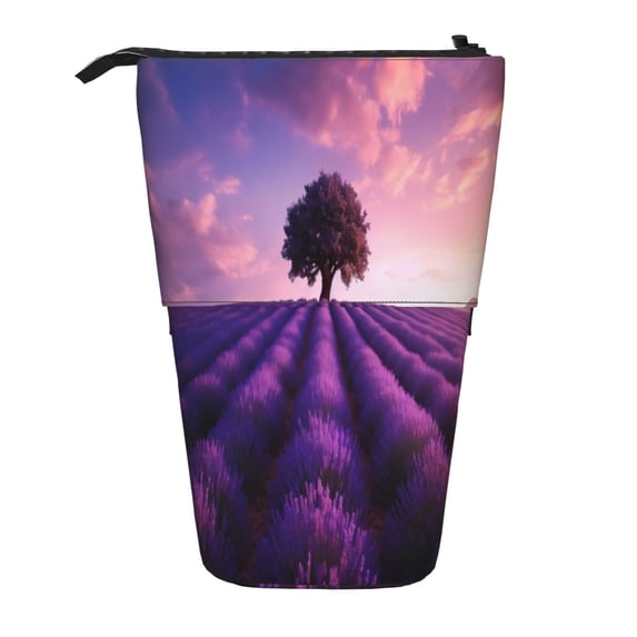 Lsque Lavender Field Sunset Pattern Telescopic Pencil Bag Pen Holder Stationery Case, Stand-up Retractable Transformer Bag Organizer