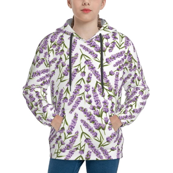 Lsque Lavender Flowers Patten Youth Hoodie Sweatshirt Pullover with Kangaroo Pocket Boys and Girls Hoodie Warm Hoodie for Kids-X-Large