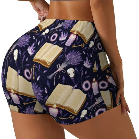 Lsque Lavender Flowers Pattern High Waisted Biker Shorts for Women-Tummy Control Fitness Athletic Workout Running Yoga Gym Shorts,Moisture-Wicking-