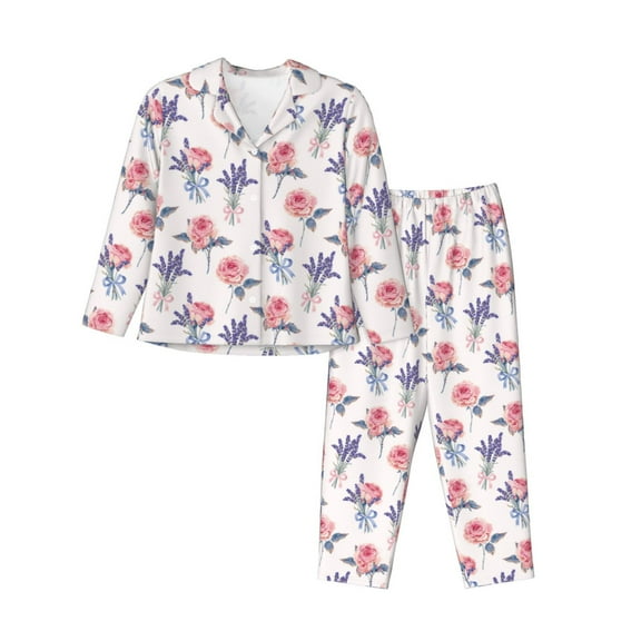 Lsque Lavender Flowers Pattern Long Sleeve Pajama Set for Women - Soft 2-Piece Sleepwear and Loungewear Set with Pockets, Comfy Nightwear-X-Large
