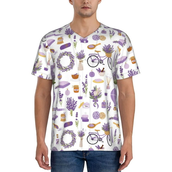 Lsque Lavender Flowers Pattern Mens Polo Golf Shirts Funny Graphics Shorts Sleeve Button Shirts Baseball T-shirt-Large