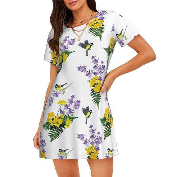 Lsque Lavender Flowers Pattern Nightgowns for Women Sleep Shirts Short Sleeve Nightshirt Pullover Nightdress Soft Sleepwear Relaxed Fit Nightdress