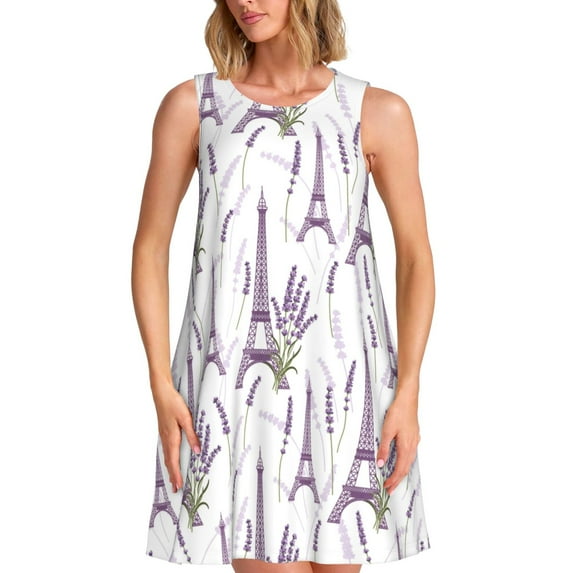 Lsque Lavender Flowers Pattern Summer Dresses for Women – Sleeveless T-Shirt Swing Sundress, Perfect for the Beach and Casual Days
