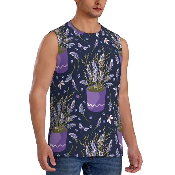Lsque Lavender Flowers Print Men's Cotton Blend Sleeveless Muscle Shirts (S-3XL)- Moisture Wicking, Odor Protection, UPF 30+,Large