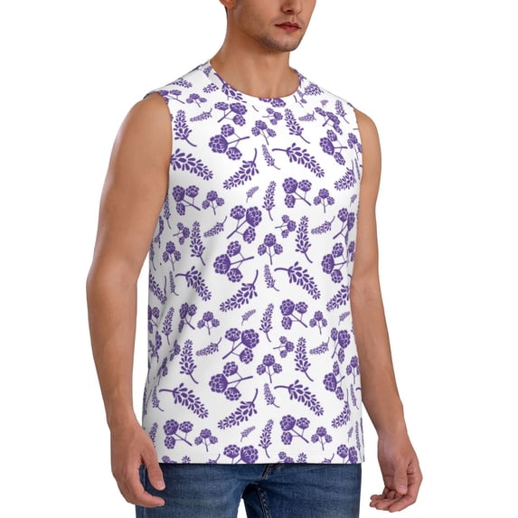 Lsque Lavender Flowers Print Men's Cotton Blend Sleeveless Muscle Shirts (S-3XL)- Moisture Wicking, Odor Protection, UPF 30+,Small