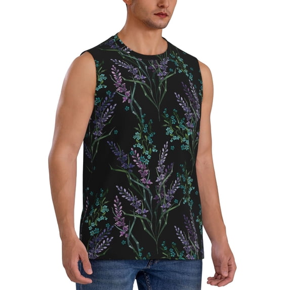 Lsque Lavender Flowers Print Men's Cotton Blend Sleeveless Muscle Shirts (S-3XL)- Moisture Wicking, Odor Protection, UPF 30+,X-Large