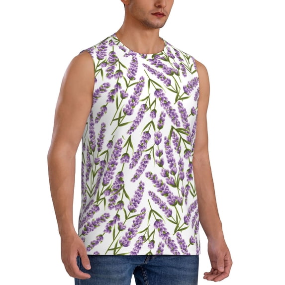 Lsque Lavender Flowers Print Men's Cotton Blend Sleeveless Muscle Shirts (S-3XL)- Moisture Wicking, Odor Protection, UPF 30+,XX-Large