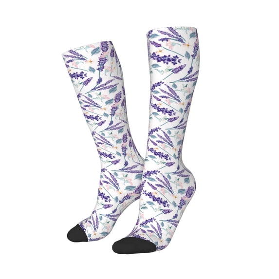 Lsque Lavender Flowers Printed Crew Socks Men's Women's LightWeight Thin Casual Calf Socks ,Knee High Socks,Cotton Socks