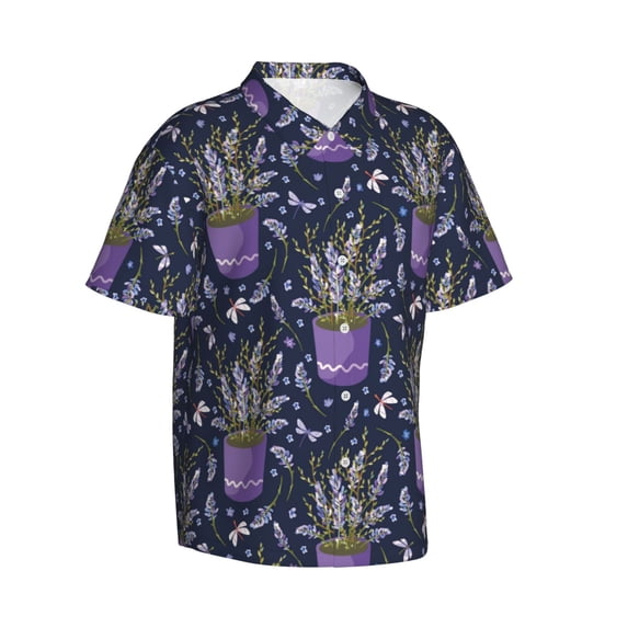 Lsque Lavender Flowers pattern Hawaiian Shirt for Men, Unisex Summer Beach Casual Short Sleeve Button Down Shirts-3X-Large