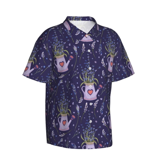 Lsque Lavender Flowers pattern Hawaiian Shirt for Men, Unisex Summer Beach Casual Short Sleeve Button Down Shirts-Medium