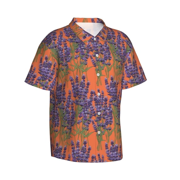Lsque Lavender Flowers pattern Hawaiian Shirt for Men, Unisex Summer Beach Casual Short Sleeve Button Down Shirts-Small
