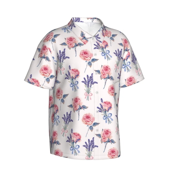 Lsque Lavender Flowers pattern Hawaiian Shirt for Men, Unisex Summer Beach Casual Short Sleeve Button Down Shirts-X-Large