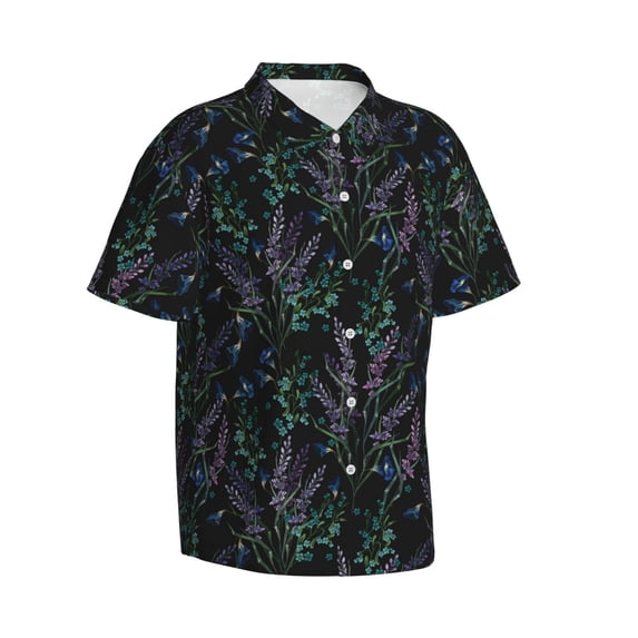 Lsque Lavender Flowers pattern Hawaiian Shirt for Men, Unisex Summer Beach Casual Short Sleeve Button Down Shirts-X-Large