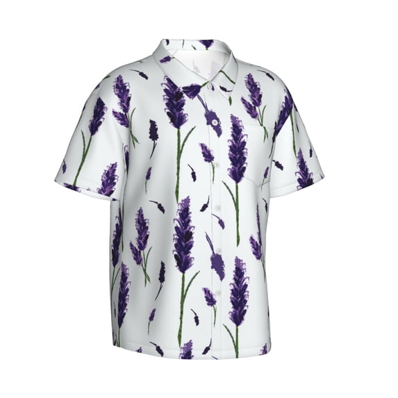 Lsque Lavender Flowers pattern Hawaiian Shirt for Men, Unisex Summer Beach Casual Short Sleeve Button Down Shirts-X-Large