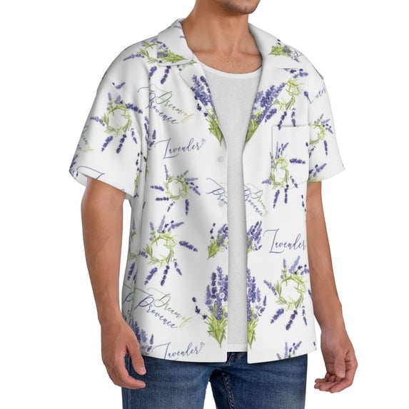 Lsque Lavender Flowers print Men's Cuban Collar Short Sleeve Shirt Summer Beachwear Casual Button Down Fashionable Vacation Leisure Shirt-Medium