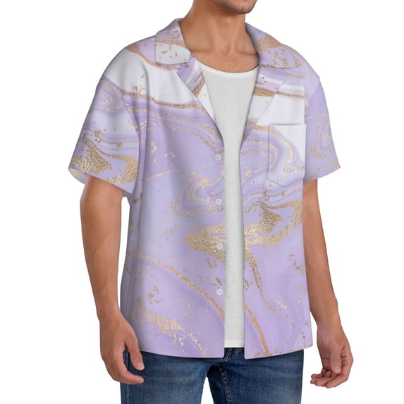 Lsque Lavender Glitter Foil Stripes print Men's Cuban Collar Short Sleeve Shirt Summer Beachwear Casual Button Down Fashionable Vacation Leisure Shirt-4X-Large