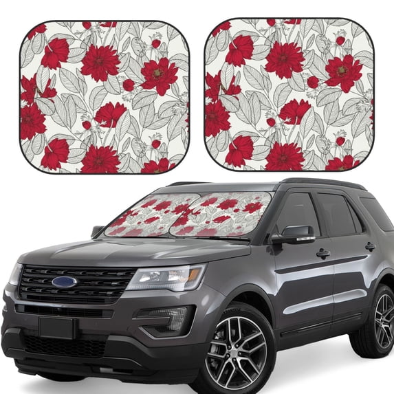 Lsque Leaves And Anemone Flowers In Red Grey 2 PCS Windshield Sun Shade | CarFoldable Window Covers | Car Accessories Reflect UV for Universal Cars SUV Truck | Medium